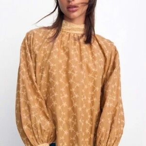 Zara Tan Blouse with Lace Accents